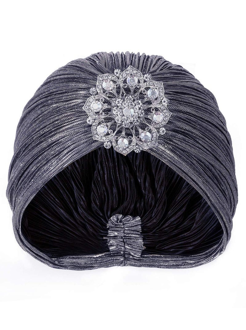 Vijiv Women's Vintage Lurex Knit Turban Beanie Hats Headwraps for 1920s Cocktail Party Silver Grey - Image 1